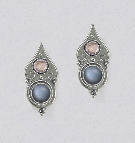 Sterling Silver Gothic Look Post Stud Earrings With Grey Moonstone And Rose Quartz